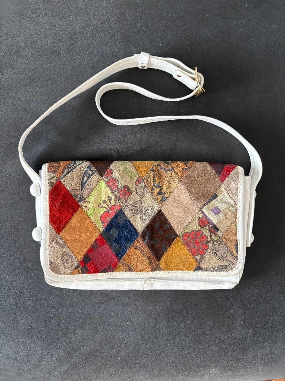 Vintage Leather Patchwork Saks Fish Avenue white boho shoulder bag 70s